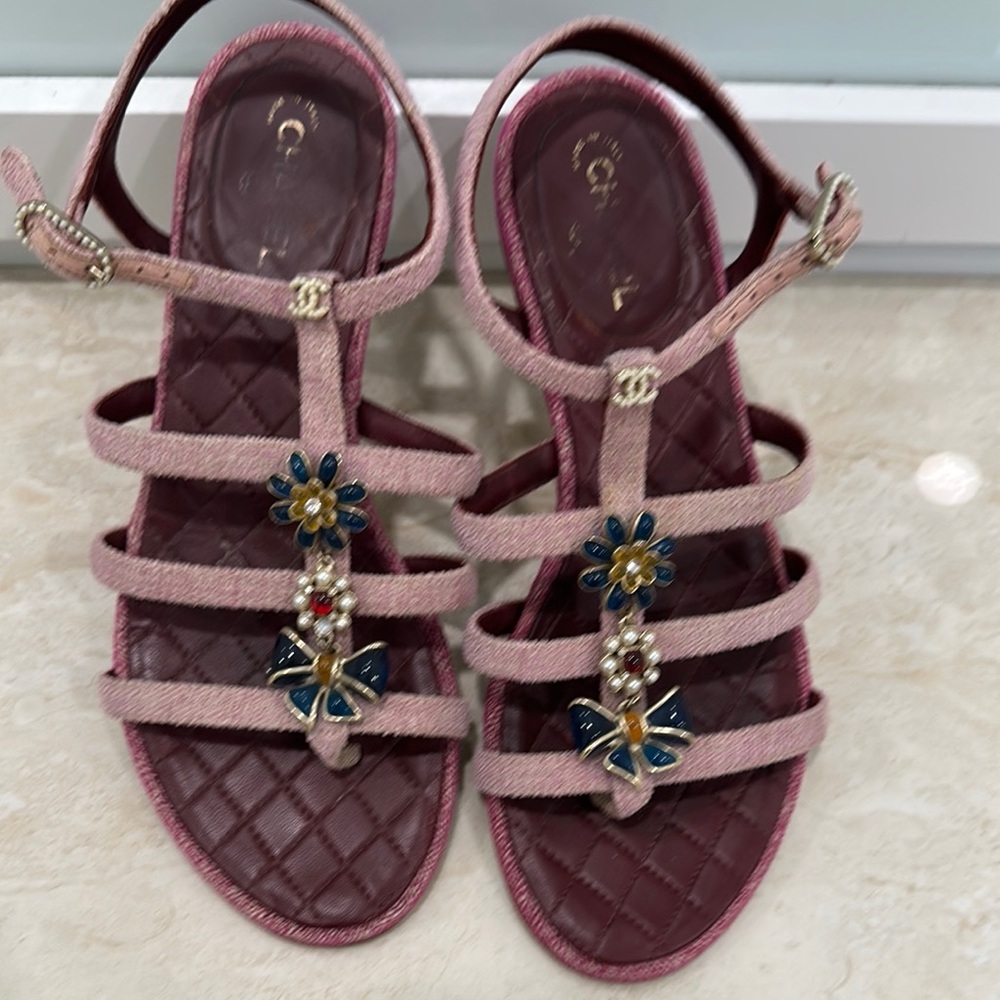 Chanel Pink Strappy Sandals with Floral Accents